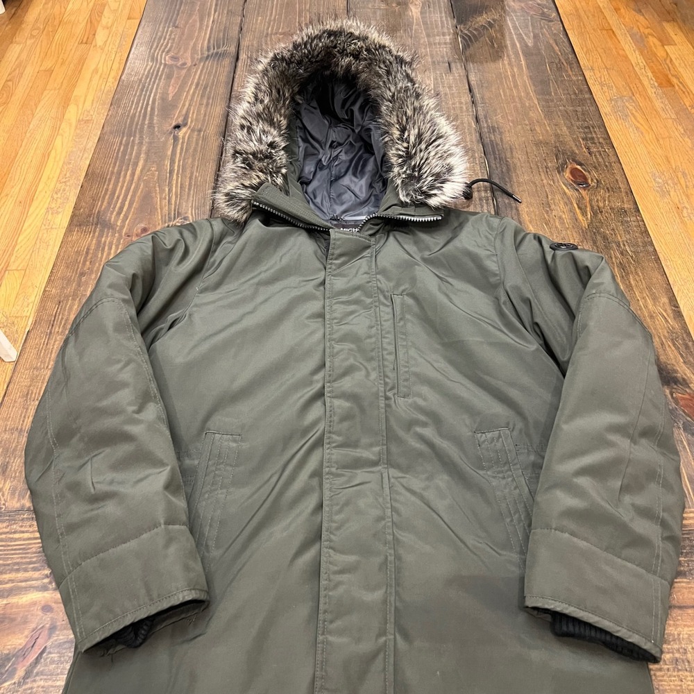 MICHAEL KORS Men's olive Green Fur Hood Parka Winter Jacket Size Small down fill